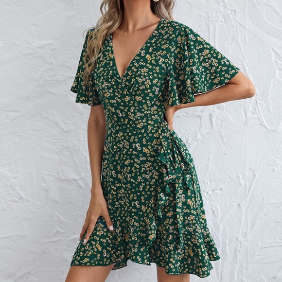 floral print green wrap boho ruffle hem dress - Picture 1 of 5